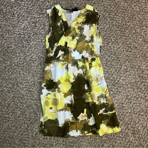 Mossimo Y2K Womens S Faux Wrap Dress Green Yellow Watercolor Print V-Neckline